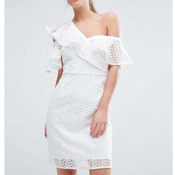 Asymmetric Ruffle Lace Pencil Dress - Picture 2 of 8